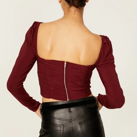 Self-Portrait Burgundy Long Sleeve Crop Top - Picture 2 of 8